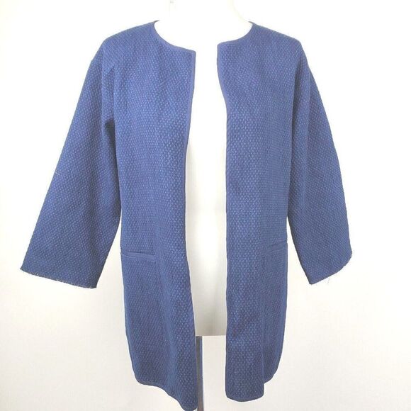 Eileen Fisher Textured Open Front Cotton Blend Blazer Jacket Navy Size SP - Picture 1 of 7